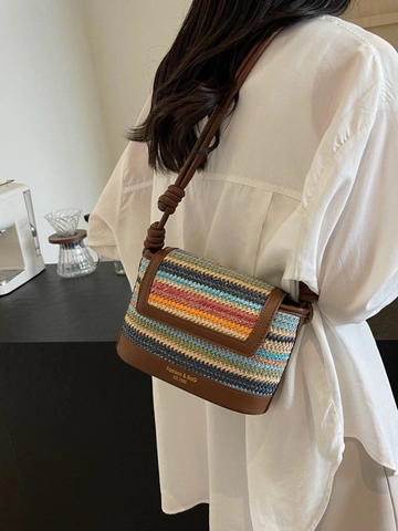 Bolso de Bandolera de Paja Tejida para Mujer Moda Color-Block Bolso Cuadrado Pequeño Verano Playa Vacaciones Bolso de Hombro