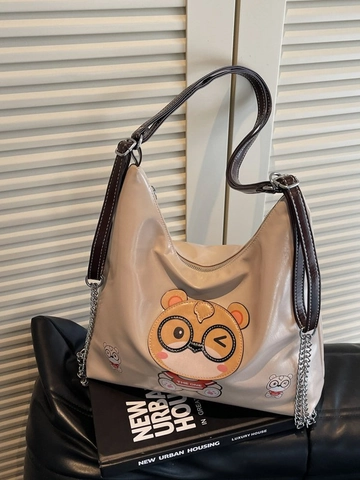 Damen PU Leder Einkaufstasche Große Kapazität Cartoon Bär Druck Schultertasche Lässig Multifunktionale Pendler Handtasche Mit Metallkette