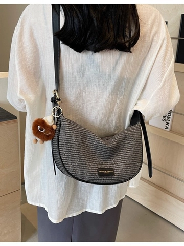 Women Woven Hobo Crossbody Bag PU Leather Patchwork Large Capacity Crescent Shoulder Bag With Cartoon Plush Monster Charm
