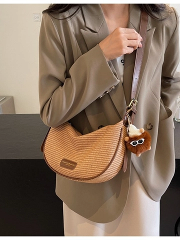 Women Woven Hobo Crossbody Bag PU Leather Patchwork Large Capacity Crescent Shoulder Bag With Cartoon Plush Monster Charm