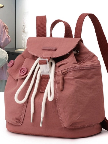 Women Fashion Mini Nylon Backpack Korean Casual Water Resistant Travel Small Bucket Bag With White Drawcord Closure