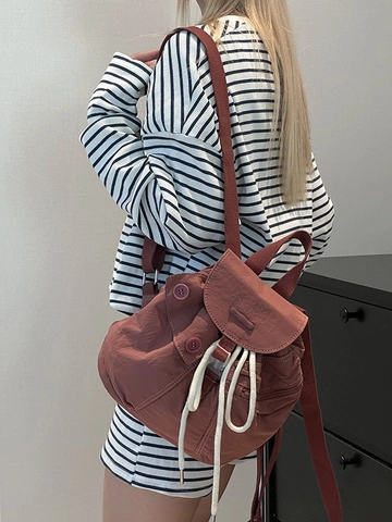 Women Fashion Mini Nylon Backpack Korean Casual Water Resistant Travel Small Bucket Bag With White Drawcord Closure
