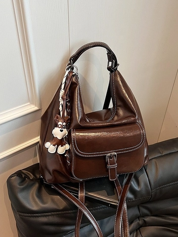 Zaino Vintage in Pelle PU Donna Grande Capacità Borsa a Spalla Tote Stile Coreano Versatile Cuciture a Contrasto Con Ciondolo a Cucciolo