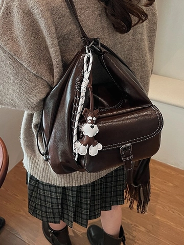 Zaino Vintage in Pelle PU Donna Grande Capacità Borsa a Spalla Tote Stile Coreano Versatile Cuciture a Contrasto Con Ciondolo a Cucciolo