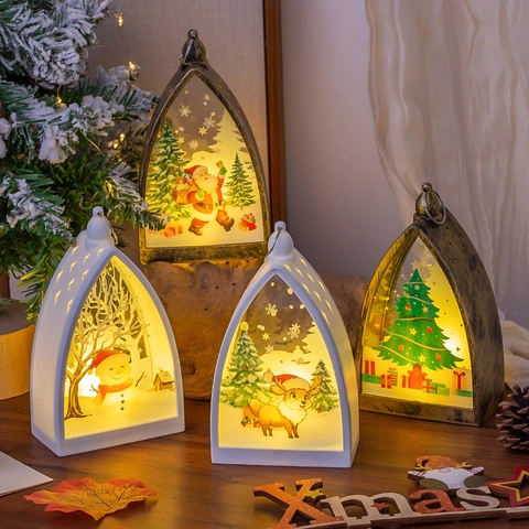 Linterna LED de Navidad Retro Luz Nocturna Luminosa Adorno de Escritorio Arqueado Papá Noel Muñeco de Nieve Alce Lámpara Decorativa Festiva