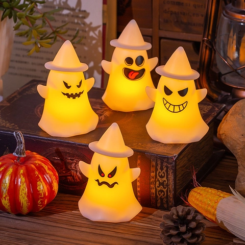 Halloween Ghost LED Night Light Plastic Witch Hat Desktop Ornament Warm Glow Party Atmosphere Decoration Holiday Gift