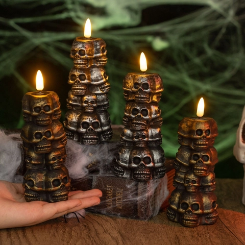 Halloween Skull LED Candle Lamp Gothic Horror Simulation Flame Vintage Bronze Antique Silver Vinyl Decorative Lamp Party Props