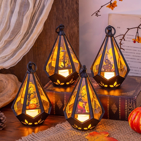 Linterna Decorativa LED de Halloween de Plástico Portátil Calabaza Castillo Bruja Luz Nocturna para Decoración de Mesa de Fiesta