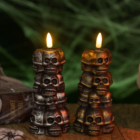Halloween Skull LED Candle Lamp Gothic Horror Simulation Flame Vintage Bronze Antique Silver Vinyl Decorative Lamp Party Props