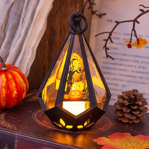 Linterna Decorativa LED de Halloween de Plástico Portátil Calabaza Castillo Bruja Luz Nocturna para Decoración de Mesa de Fiesta