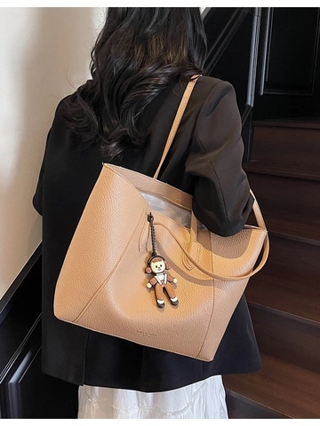 Sac Cabas Femme Grande Capacité en Cuir PU Grain de Galet Minimaliste Vintage Sac à Bandoulière Avec Pendentif Pour Bureau Trajet