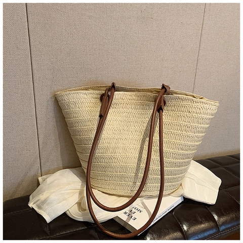 Borsa Tote in Paglia Intrecciata a Mano per Donna Grande Capacità Estate Spiaggia Borsa a Spalla Minimalista Casual Borsa da Viaggio Cachi Bianco