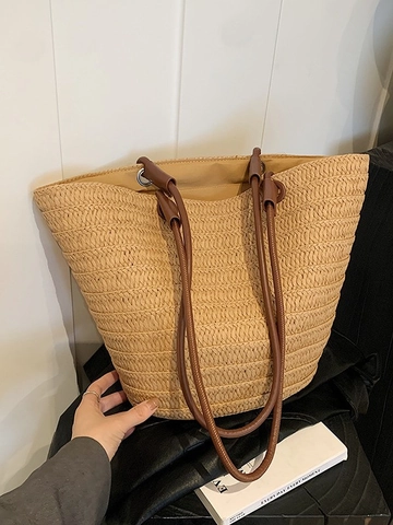Borsa Tote In Paglia Intrecciata Per Donna Grande Capacità Borsa A Secchiello Da Spiaggia Borsa A Spalla Con Tracolla In Pelle
