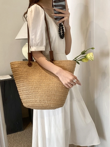 Borsa Tote In Paglia Intrecciata Per Donna Grande Capacità Borsa A Secchiello Da Spiaggia Borsa A Spalla Con Tracolla In Pelle