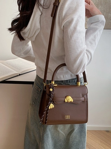 Borsa a Tracolla da Donna in Pelle PU Retrò Piccola Borsa Quadrata Fibbia in Metallo Cane Elegante Borsa a Mano per il Giorno