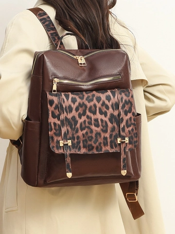 Mochila Vintage con Estampado de Leopardo para Mujer Gran Capacidad de Cuero PU Mochila de Moda para Viajes Bolso de Hombro Color de Contraste