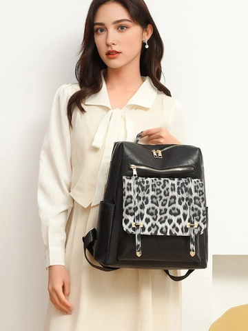 Mochila Vintage con Estampado de Leopardo para Mujer Gran Capacidad de Cuero PU Mochila de Moda para Viajes Bolso de Hombro Color de Contraste