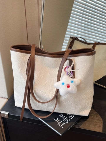 Women Large Capacity Tote Bag PU Leather Embossed Chinese Characters Shoulder Bag For Commute College Student Work Handbag