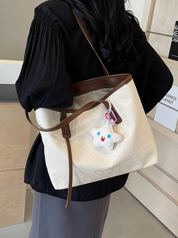 Women Large Capacity Tote Bag PU Leather Embossed Chinese Characters Shoulder Bag For Commute College Student Work Handbag
