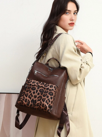 Zaino alla Moda da Donna in Pelle PU con Stampa Leopardata Casual Grande Capacità Borsa da Scuola per Viaggi Shopping Escursioni