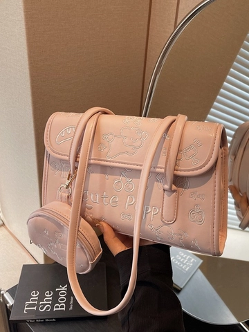 Women Cute Puppy Embroidery Underarm Shoulder Bag PU Leather Cartoon Small Hobo Bag Round Coin Purse Fashion Casual Handbag