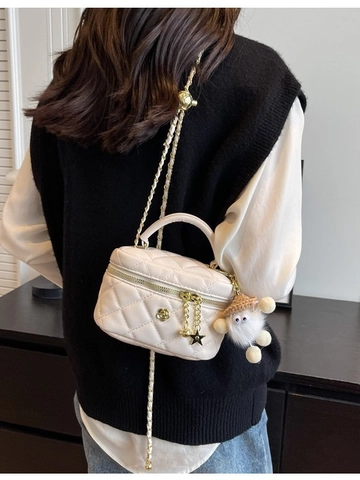 Women Quilted Chain Crossbody Bag Fashion PU Leather Mini Vanity Case Handbag With Plush Pendant Small Box Shoulder Bag