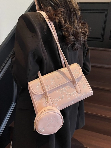 Women Cute Puppy Embroidery Underarm Shoulder Bag PU Leather Cartoon Small Hobo Bag Round Coin Purse Fashion Casual Handbag