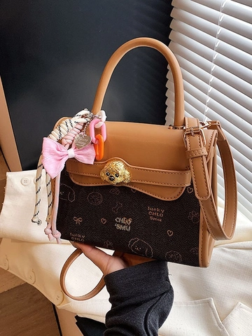 Women Vintage PU Leather Crossbody Bag Cartoon Dog Print Small Square Handbag Fashion Contrast Color Satchel For Daily Travel