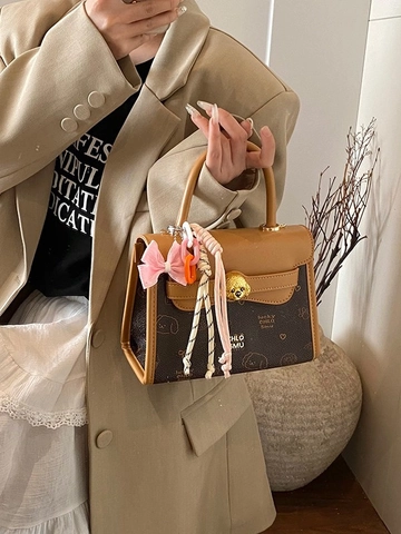 Women Vintage PU Leather Crossbody Bag Cartoon Dog Print Small Square Handbag Fashion Contrast Color Satchel For Daily Travel