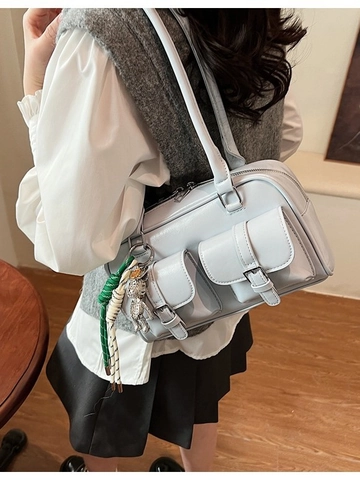 Retro PU Leder Boston Umhängetasche Für Damen Mehrere Taschen Achselhandtasche Mit Bär Anhänger Reißverschluss Mode Einfarbig
