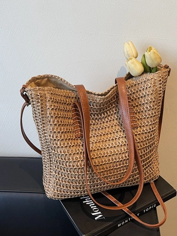 Sac Cabas en Paille Tissé pour Femme Grande Capacité Sac à Bandoulière Tissé à la Main Avec Sangle en Cuir PU Vacances Plage