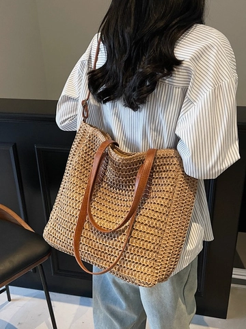 Sac Cabas en Paille Tissé pour Femme Grande Capacité Sac à Bandoulière Tissé à la Main Avec Sangle en Cuir PU Vacances Plage