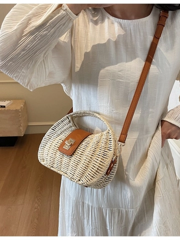 Sac Bandoulière en Paille Tissé à la Main Style Français pour Femmes Vacances à la Plage Petit Sac à Main Avec Rabat en Cuir