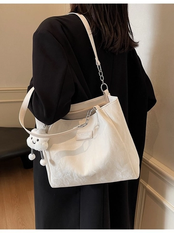 Borsa Tote da Donna in Pelle PU Increspata Grande Capacità Borsa a Tracolla Con Catena Argentata e Simpatico Ciondolo a Nuvola