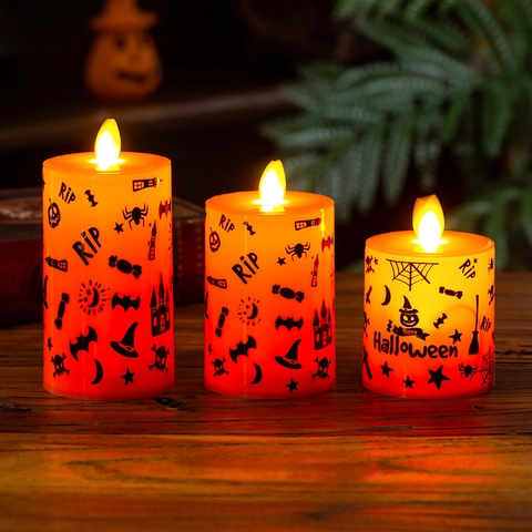 Halloween LED Flameless Electronic Candle Light Orange Pumpkin Skull Spider Pattern Atmosphere Decor Prop For Home Party