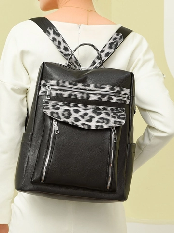 Women Fashion Leopard Print Artificial Leather Backpack Large Capacity Casual Travel Daypack Multi Zipper Pockets Bag