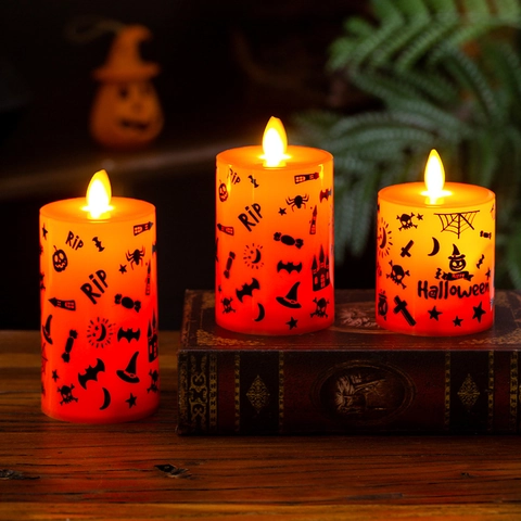 Halloween LED Flameless Electronic Candle Light Orange Pumpkin Skull Spider Pattern Atmosphere Decor Prop For Home Party