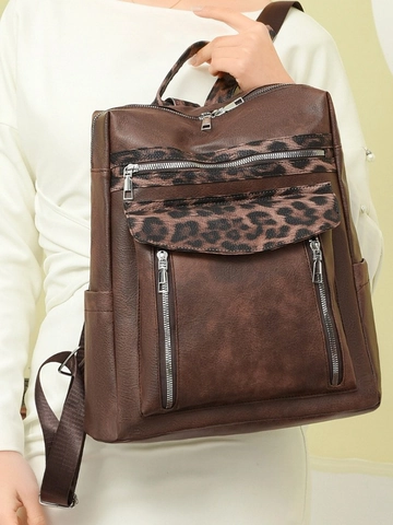 Women Fashion Leopard Print Artificial Leather Backpack Large Capacity Casual Travel Daypack Multi Zipper Pockets Bag