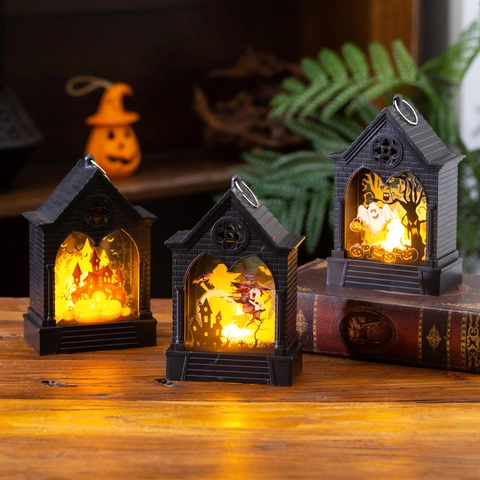 Lanterna Decorativa di Halloween Luce Notturna a LED Casa Gotica Zucca Strega Fantasma Prospetti Festa Casa Stregata