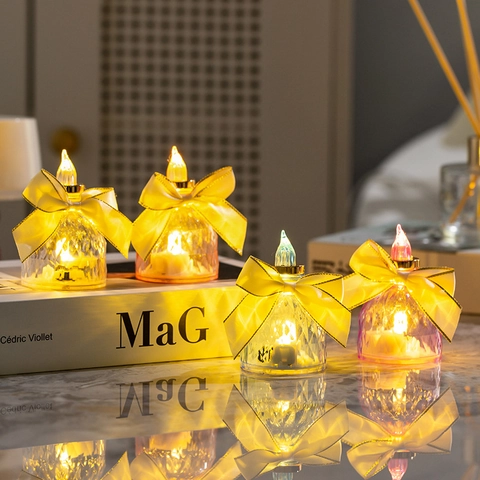LED Elektronische Kerzenlicht Dekorative Nachtlampe Mit Satinschleife Rautenstruktur Batteriebetrieben Für Zuhause Party Hochzeit Ornament