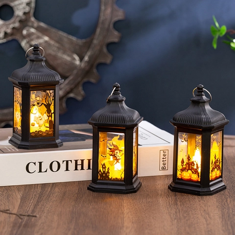 Lanterna LED Decorativa Halloween Con Manico Motivo Zucca Strega Fantasma Luce Calda Decorazione Tavolo Casa Festa Festiva