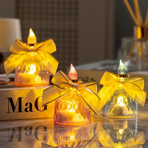 LED Elektronische Kerzenlicht Dekorative Nachtlampe Mit Satinschleife Rautenstruktur Batteriebetrieben Für Zuhause Party Hochzeit Ornament