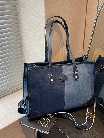 Bolso Tote de Mezclilla Patchwork para Mujer Gran Capacidad Color de Contraste Bolso de Hombro Con Correa Ancha Moda Diario