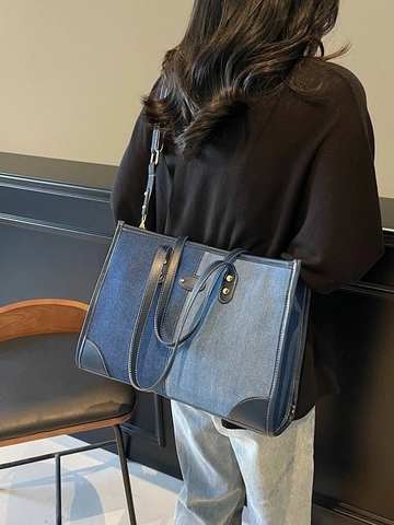 Bolso Tote de Mezclilla Patchwork para Mujer Gran Capacidad Color de Contraste Bolso de Hombro Con Correa Ancha Moda Diario