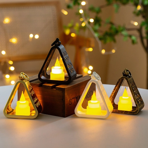Triangle LED Night Light Decorative Lantern Vintage Style Portable Bedside Atmosphere Lamp Hanging Electronic Candle Lamp