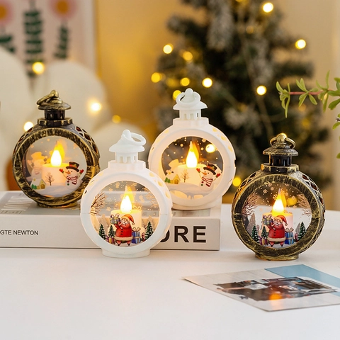 Retro Christmas LED Decorative Lantern Night Light Santa Snowman Elk Tree Hanging Tabletop Lamp Festive Home Holiday Decor