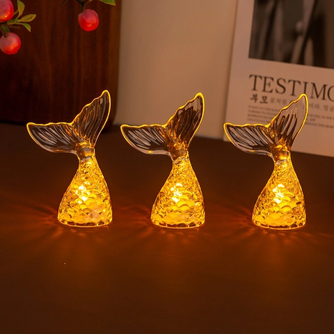 Mermaid Tail LED Night Light Electronic Candle Atmosphere Lamp Glitter Resin Desktop Ornament Birthday Gift For Girls Room Decor