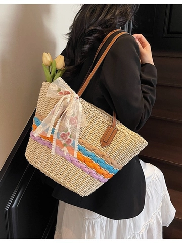 Borsa Tote in Paglia da Donna Grande Capacità Spiaggia Vacanza Con Fiocco in Pizzo Ricamo Floreale Spalla a Righe Colorate