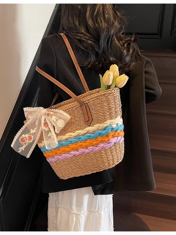 Borsa Tote in Paglia da Donna Grande Capacità Spiaggia Vacanza Con Fiocco in Pizzo Ricamo Floreale Spalla a Righe Colorate