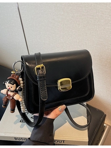 Women PU Leather Small Square Crossbody Bag Retro Gold Twist Lock Shoulder Bag With Pearl Cartoon Doll Pendant Elegant Satchel For Daily Work